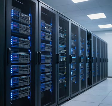 A high-performance modern server room in an Indian corporate hub, illuminated with deep blue and vibrant white light. The composition is clean and professional, showing rows of data racks representing reliability and cutting-edge technology.