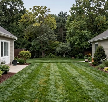 A beautifully manicured backyard in a North American / US residential neighborhood in Marquette, Michigan. The lawn is perfectly mown, and the patio is spotless. Soft sky blue sky and muted forest green foliage create a peaceful, clean atmosphere.