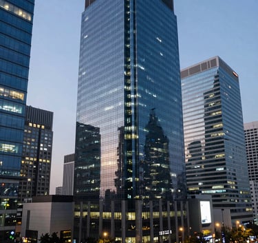 A wide-angle professional shot of a bustling, modern South Asian business district at dusk, with polished glass buildings reflecting light blue and navy tones, signifying a comprehensive corporate presence.