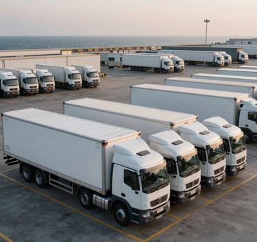 A high-end, clean shot of a modern logistics terminal in an Oceanic setting at dawn, featuring a rows of white logistics trucks and a professional industrial environment with charcoal accents.