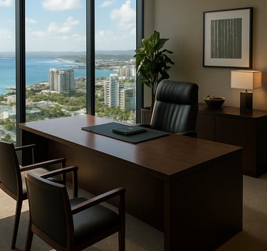 A high-end, professional office interior in Puerto Rico with large windows overlooking a Caribbean coastal city, featuring a dark wood desk and sophisticated decor.