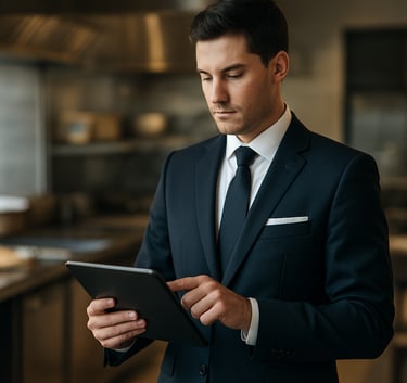 A medium shot of a professional worker in clean, high-end hospitality attire using a digital tablet to check in. The background is a blurred, modern kitchen or service area. Global / Corporate.