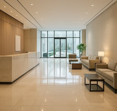 A wide-angle professional photograph of a bright, modern hotel lobby with polished marble floors and minimalist furniture. The lighting is soft and natural, emphasizing clean lines and an atmosphere of trust. Global / Corporate.