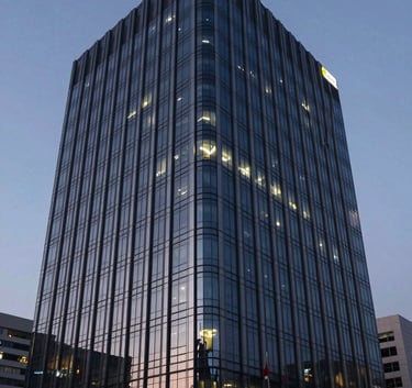 A sleek, modern corporate office building facade in Bangalore at dusk, with lights reflecting dark navy and slate blue tones, exuding professionalism.