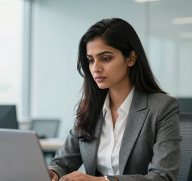 A professional South Asian woman in formal business attire working diligently on a laptop in a bright, modern Gurugram office space with pale blue decor.
