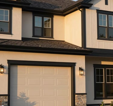 A wide-angle professional photograph of a beautifully finished residential exterior of a North American home, featuring fresh paint in sophisticated beige and bold black trim. The lighting is the golden hour, showcasing the flawless texture and premium quality of the paint job.