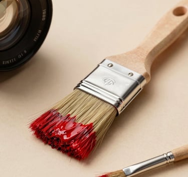 An artistic commercial photography shot of high-quality painting tools, including a professional brush with bloody red paint on its bristles, resting on a clean beige surface. The composition is minimalist and professional, reflecting the precision and quality of a high-end painting service in the US.