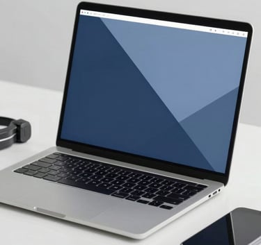 A sleek, modern laptop open on a clean white desk with a professional technician's tools nearby. The composition is minimalist and efficient, featuring brand colors #0B1A2C and #6FA1BF.