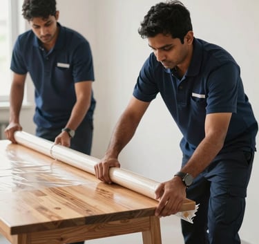 Photography of South Asian / Indian professional movers in dark blue uniforms carefully wrapping a wooden table with protective film, focused and efficient work, bright indoor lighting.
