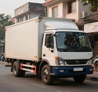 Photography of a professional transport truck with a clean off-white and dark blue exterior, parked in a residential South Asian street in New Delhi, soft morning lighting, high reliability feel.