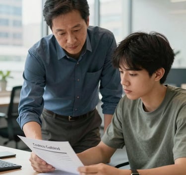 A professional portrait of a mentor and a young person discussing a goal-setting worksheet in a bright, modern office space in a North American / US city. The atmosphere is supportive and encouraging.
