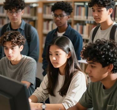 A candid, high-quality photograph of a diverse group of North American / US teenagers engaged in a collaborative educational project in a modern library. Soft, natural sunlight highlights their expressions of focus and optimism.