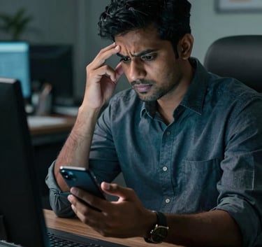 A professional in a South Asian / Indian office looking stressed while handling multiple phones, depicting the chaos of missed inquiries, moody lighting with Deep Teal shadows.