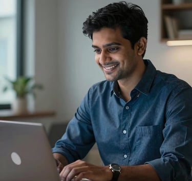 A focused South Asian / Indian entrepreneur in a modern, professional home office looking at a laptop screen with a satisfied expression, cinematic lighting with Sky Blue highlights.