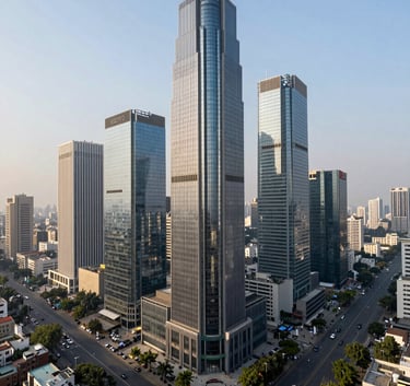 A high-angle daytime photograph of the Gurgaon Cyber City skyline with modern glass skyscrapers and wide boulevards, emphasizing a thriving South Asian urban business hub under a clear sky.