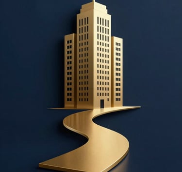 A sophisticated logo-style image of a gold stylized path leading towards a modern high-rise building silhouette, set against a dark navy blue background, reflecting professional real estate consultancy.