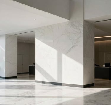 A minimalist North American corporate lobby with strong geometric lines, white marble floors, and soft shadows, conveying a premium and authoritative enterprise atmosphere.