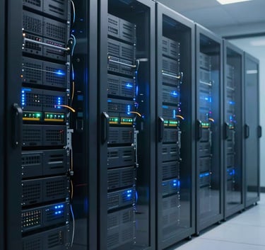 A wide shot of a modern, organized server room with soft blue lighting and glass panels, representing enterprise data infrastructure, North American corporate style.