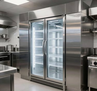 A pristine professional kitchen in the French Riviera showing a stainless steel walk-in cold room and refrigeration cabinets, clean lines, bright commercial lighting, modern and efficient.