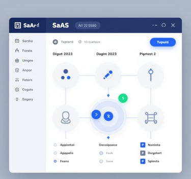 SaaS dashboard interface mockup showing clear data visualizations and process maps. Modern UI design, enterprise-grade, incorporating #2C528B and light grey tones. No currency symbols.