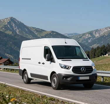 A clean white delivery van driving through a scenic Central European / Slovak mountain road, daytime, clear sky, professional commercial photography style with steel blue tones.