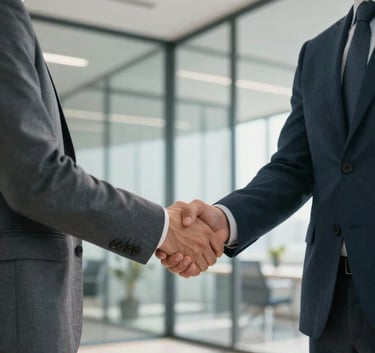 A professional close-up of two business partners in Central European / Slovak smart-casual attire shaking hands in a bright, modern glass-walled office, steel blue and off-white tones, soft natural light.