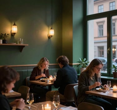 A cozy, Scandinavian-style restaurant interior in a European city at dusk, with warm candle lighting, Matte Forest Green accents on the walls, and local patrons enjoying a meal.
