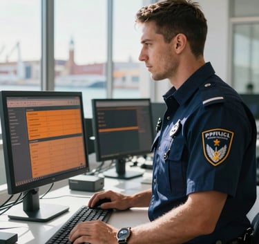 A professional customs agent in a modern European / Spanish port office, wearing a professional uniform, looking at a digital logistics dashboard with orange accents. Sunlight streaming through large windows, clean and professional atmosphere.