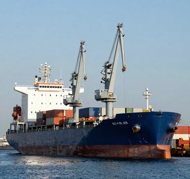 A massive cargo ship docked at a modern European / Spanish industrial port during a clear day. The cranes are medium light grey and the sea is deep blue, reflecting a high-efficiency logistics environment.