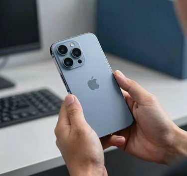 Close-up of a person's hands in a professional North American / US office setting, securely holding a high-end smartphone. Background is a clean, modern workspace with steel blue and grey accents, suggesting high-tech security.