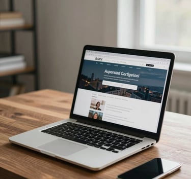 A clean, modern North American / US home office setting. A high-end laptop is open on a polished wooden desk showing a blurred web interface. Soft natural lighting from a nearby window creates a trustworthy, professional atmosphere.
