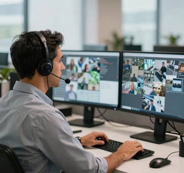 A professional South American Brazilian remote concierge operator wearing a headset, sitting at a modern workstation with multiple monitors showing security feeds, soft natural office lighting, clean and professional environment.
