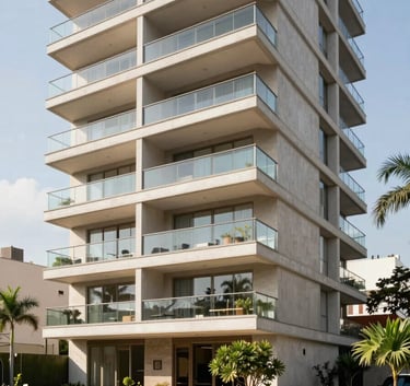 Exterior view of a modern South American Brazilian luxury apartment building with glass balconies and well-maintained landscaping, bright daylight, emphasizing high-end residential living.