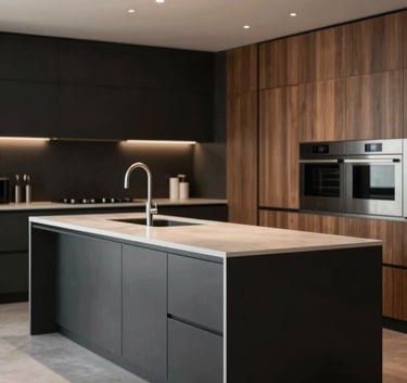 A luxurious modern kitchen with a large island. The design incorporates dark tones (#262626) with warm wooden accents (#A38B7C). Sleek lines, minimalist hardware, and professional lighting create a sophisticated and trustworthy aura, showcasing premium custom cabinetry.