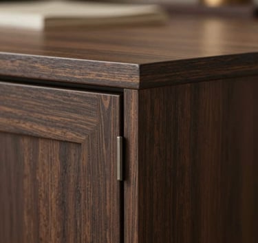 Close-up of high-quality custom cabinetry details. Focus on a perfectly finished corner joint of a dark wood cabinet (#4A433A) with a soft-close mechanism visible. The lighting is warm and emphasizes the texture and professional finish of the material.