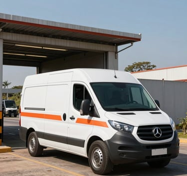 A professional white passenger van with safety stripes parked near a large construction entrance. Clear sky, South American setting, focus on reliability.