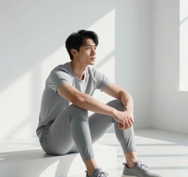 A man in high-quality, minimalist athletic wear sitting in a calm, sun-drenched modern studio, reflecting on a workout. The composition is clean and spacious, using a palette of #F9FAFB and soft greys to convey serenity and focus.