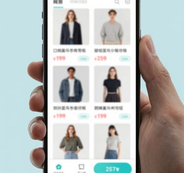An organized catalog view on a mobile device showing professional product photography with price tags, styled with #F8FBFD and #2F738E colors for a modern e-commerce feel.