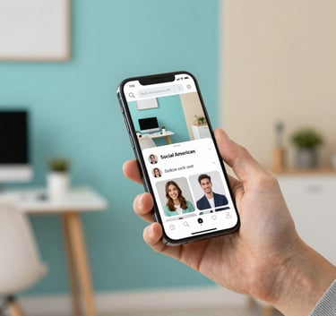 A clean and active North American / US studio shot of a hand holding a modern smartphone showing social media integration, with a blurred background of a cozy office featuring Turquoise Blue and Crisp Parchment accents.