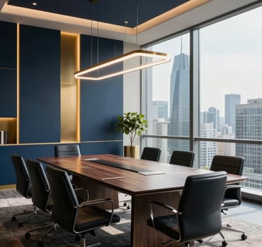 Wide shot of a modern, high-end corporate boardroom in a South American skyscraper. Professional atmosphere with soft morning sunlight. Dark blue and gold accents in the decor. Cinematic lighting, sharp focus, professional photography style.