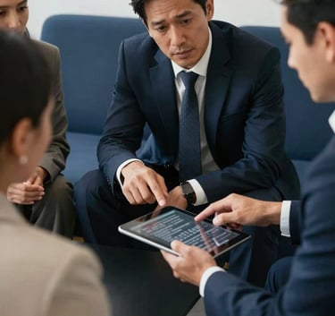 Close-up of South American professionals in formal business attire discussing a strategic plan over a tablet. Minimalist workspace with black and dark blue furniture. Soft natural light, high-end corporate lifestyle photography.