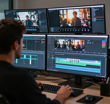A professional video editor working in a modern Lisbon studio. The composition shows the silhouette of the editor against several glowing monitors displaying complex video editing timelines and cinematic footage. The atmosphere is professional and cutting-edge.