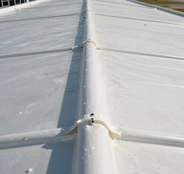 Detailed close-up photography of a perfectly sealed TPO roof seam on a industrial warehouse in Florida, bright sunshine, professional workmanship, North American / Floridian.