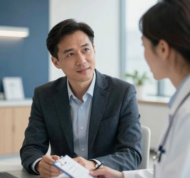 A professional revenue consultant in a sharp suit discussing healthcare analytics with a doctor in a bright, modern North American / US hospital office. The background features accents of dark navy blue and pearl white with soft, professional lighting.