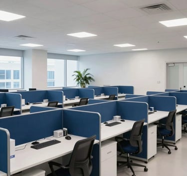 A wide-angle professional photograph of a sophisticated, high-tech North American / US medical administrative headquarters. The open-plan space is bright with pearl white furniture and deep sea blue interior partitions.