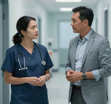 Two healthcare professionals in a North American / US clinic hallway engaged in a brief, professional discussion, wearing business casual attire, soft natural lighting with light blue-grey tones.