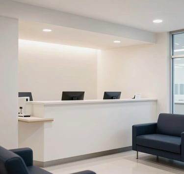 A bright, modern North American / US medical reception area with clean lines, featuring soft off-white walls and dark navy furniture, wide angle, professional lighting.