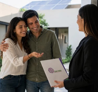 A smiling young couple meeting with a real estate agent at the entrance of a modern home.