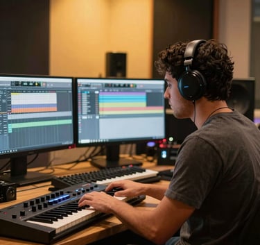 A professional music composer sitting in a high-tech Latin American studio, focused on a MIDI keyboard with large monitors showing a digital audio workstation. The lighting is warm amber yellow and sunset orange, creating a sophisticated and professional atmosphere.