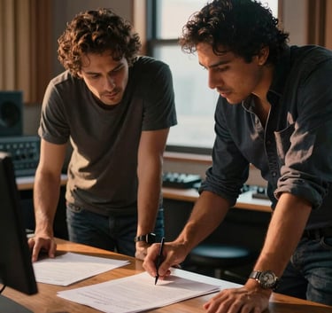 A collaborative session between a film director and a music producer in a professional Latin American studio. They are leaning over a desk with a script, lit by warm natural light and sunset orange accents. The vibe is creative, focused, and professional.